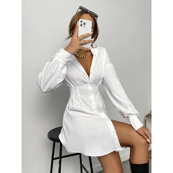 long sleeve Ruched Drop Shoulder Shirt Dress black - Picture 7 of 7